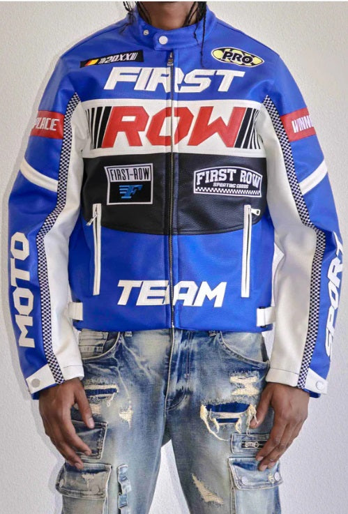 First Row Contrast Motor Racing Leather Jacket Blue