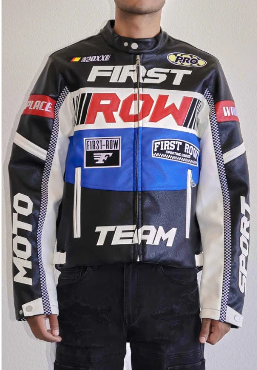 First Row Contrast Motor Racing Leather Jacket Black