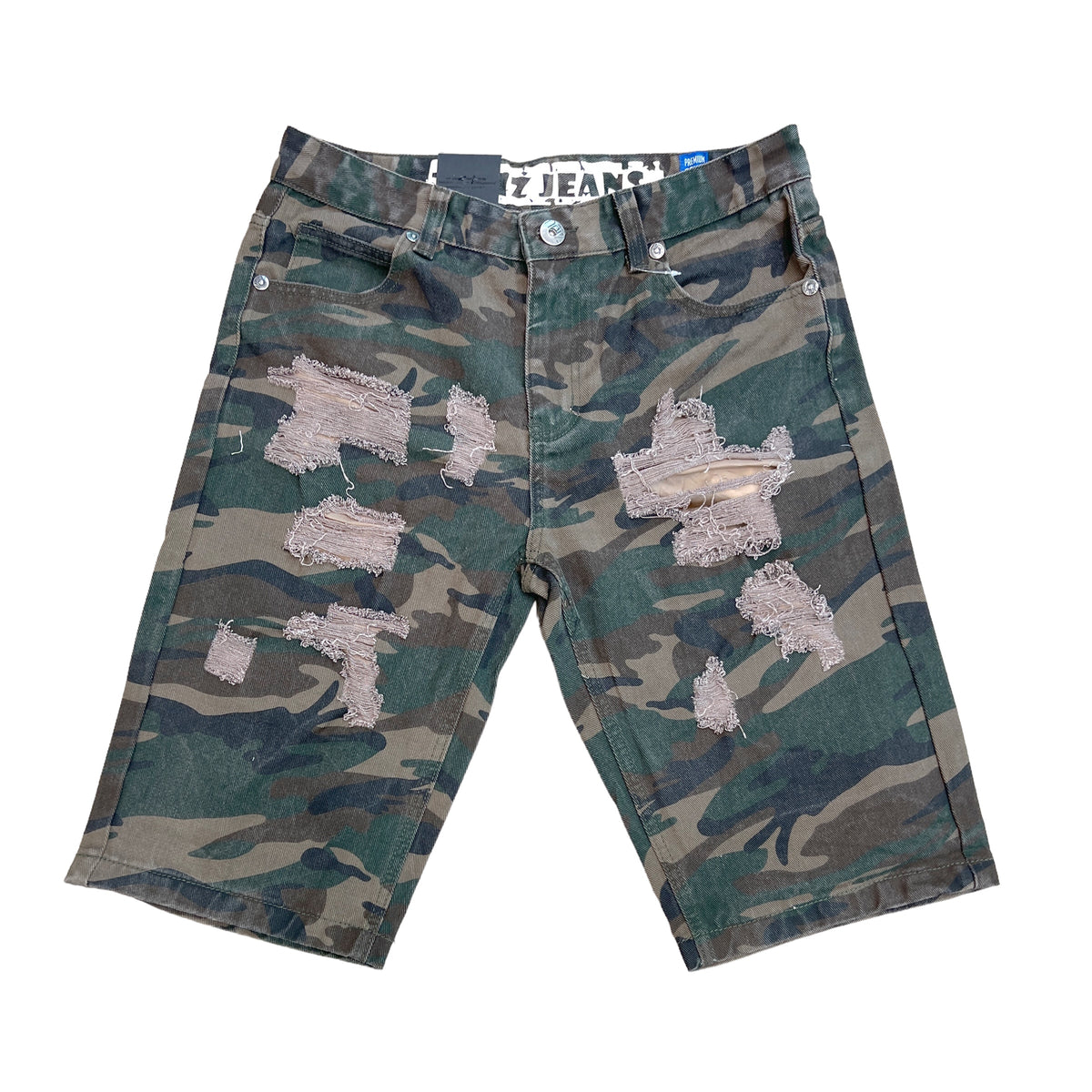 Camo denim shorts online