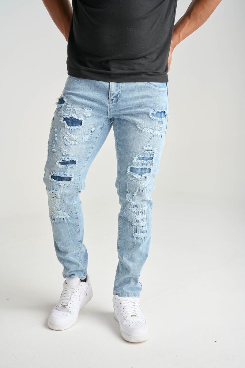 Bleach Spotted Ripped Knee Stacked Skinny Jeans - Light Wash, Fashion  Nova, Mens Jeans