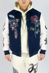 R3bel Denim Melton / PU Sleeve Varsity Tapestry Patches Jacket (Navy)