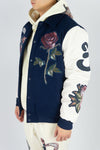 R3bel Denim Melton / PU Sleeve Varsity Tapestry Patches Jacket (Navy)