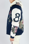 R3bel Denim Melton / PU Sleeve Varsity Tapestry Patches Jacket (Navy)