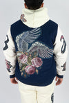 R3bel Denim Melton / PU Sleeve Varsity Tapestry Patches Jacket (Navy)