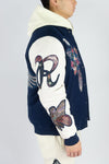 R3bel Denim Melton / PU Sleeve Varsity Tapestry Patches Jacket (Navy)