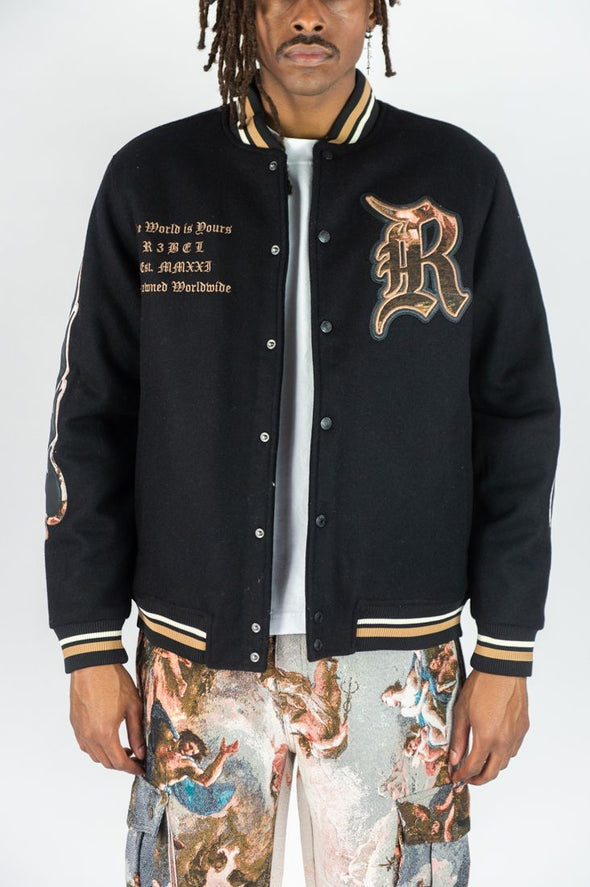 R3bel Denim Melton Varsity Tapestry Patches Jacket