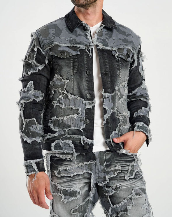 Taker Camo Pattern Patch Denim Jacket (Black)