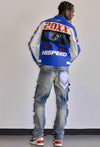 First Row Contrast Motor Racing Leather Jacket (Blue)