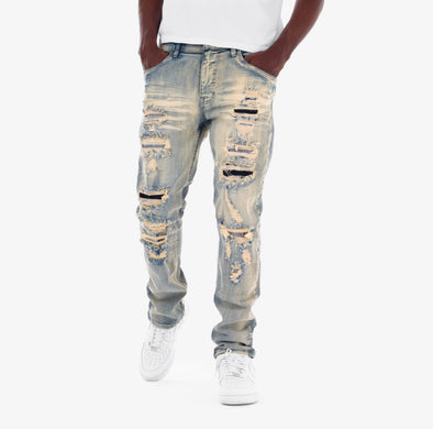 Copper Rivet Washed Ripped Wrinkle Jean (Tint Blue)