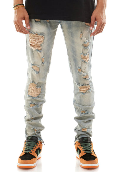 KDNK Multi Distressed Denim Jean with Ankled Zippers (Tinted Blue)