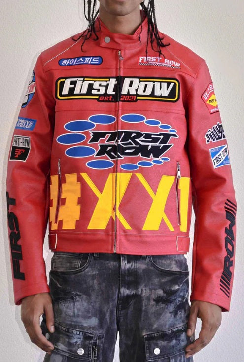 First Row Contrast Motor Racing Leather Jacket (Red)