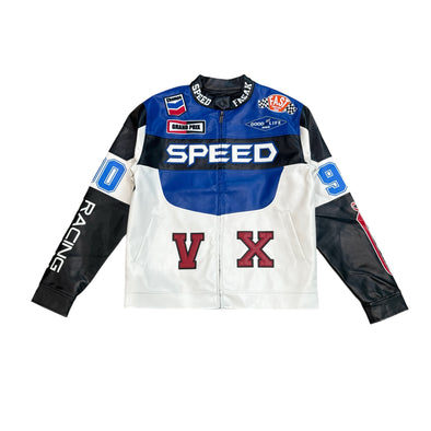 Copper Rivet Racing PU Leather Jacket (Royal)