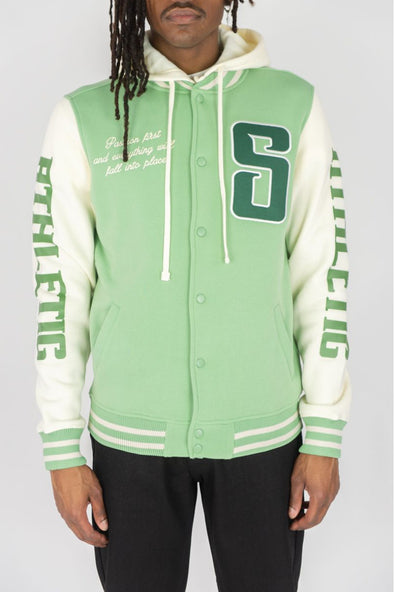 Rebel Minds Superior Fleece Varsity Jacket (Light Olive)