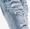 Copper Rivet Washed Ripped Wrinkle Jean (Light Sand Blue)