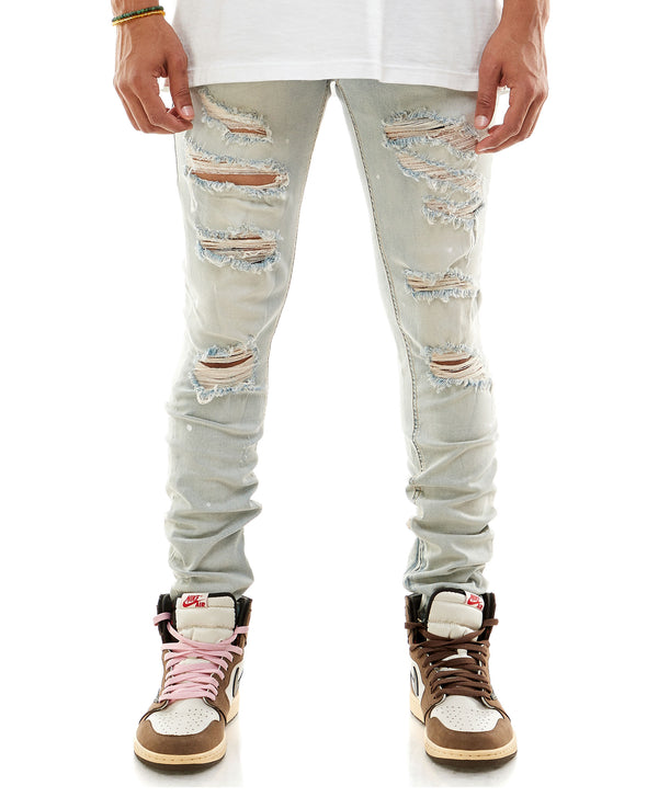 KDNK Paint Splatter Destroyed Anker Zipper Denim Jean (Light Blue)